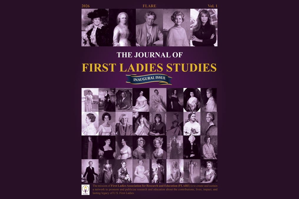 Cover of The Journal of First Ladies Studies, Inaugural Issue (2026, Vol. 1) featuring a purple background, gold title text, and a collage of historical and modern portraits of U.S. First Ladies.