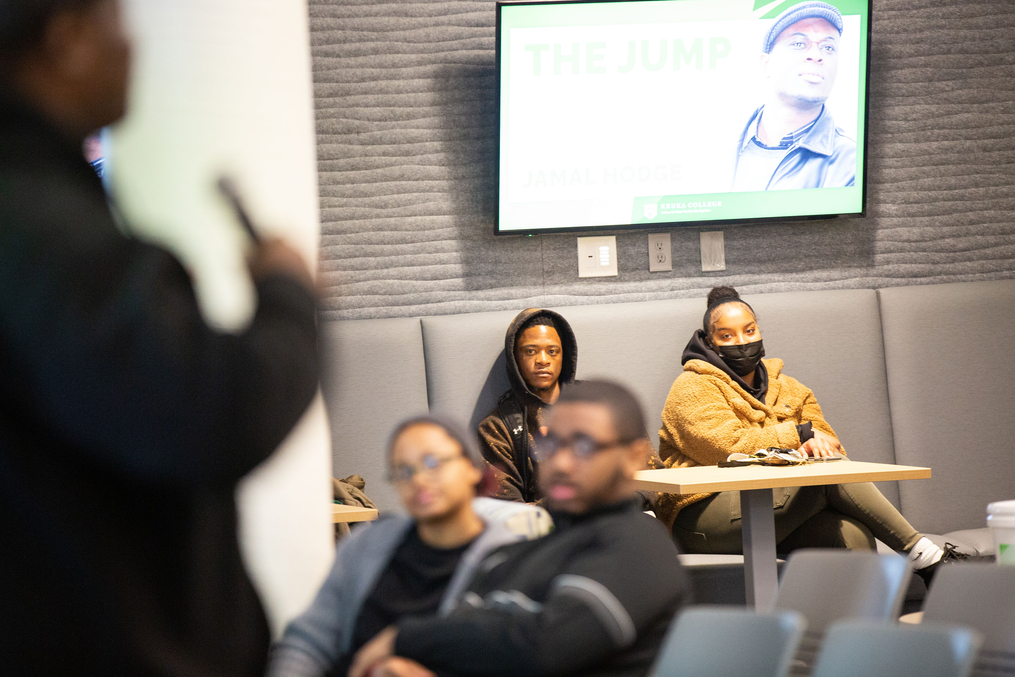 Students participating in a Q & A with filmmaker Jamal Hodge 